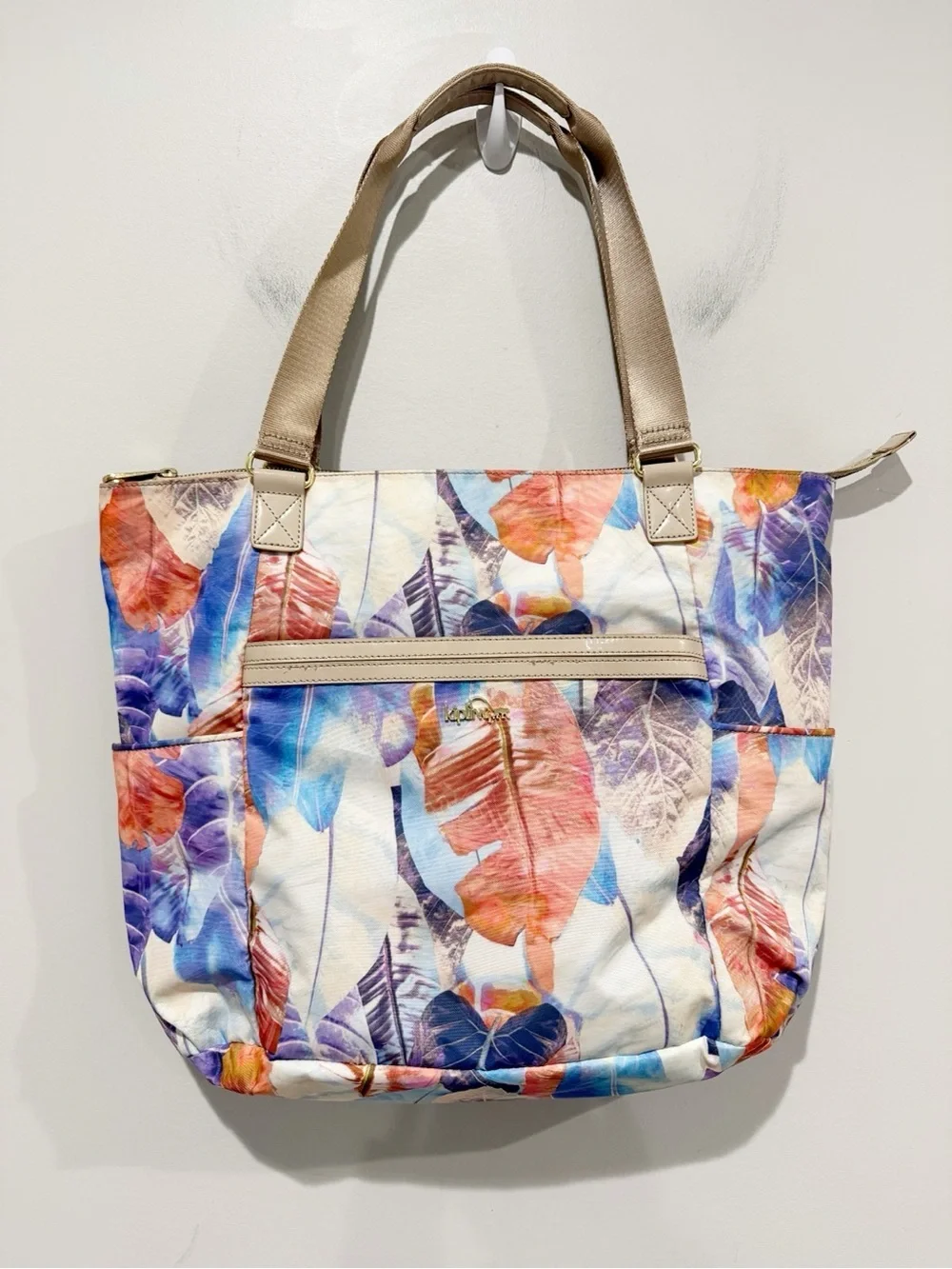 KIPLING Leah Tropical Leaf Print Tote Bag Travel Beachy Coastal
